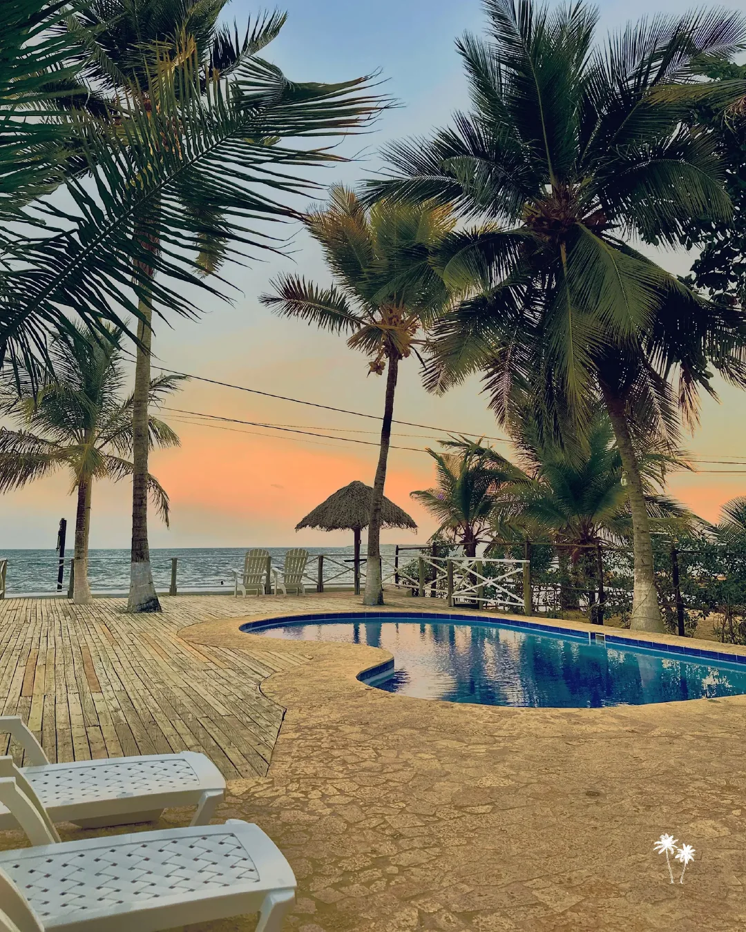 Atardecer tropical entre palmeras de Calipso Beach House